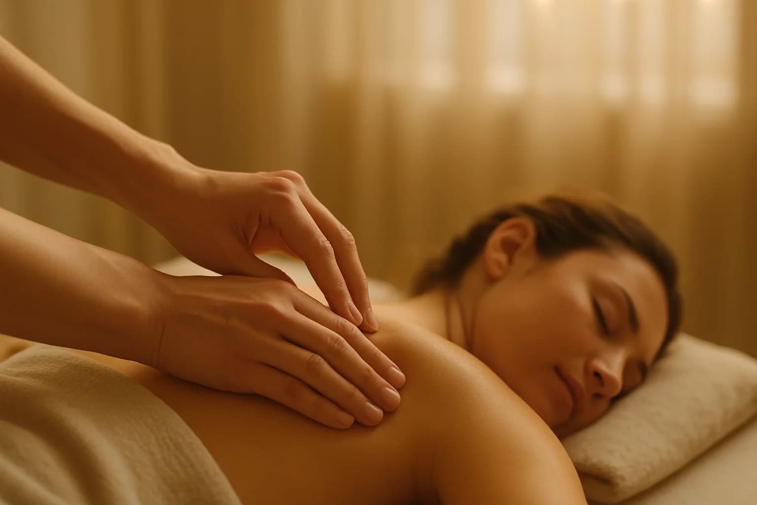 Mani che praticano massaggio terapeutico in ambiente wellness sereno e luminoso